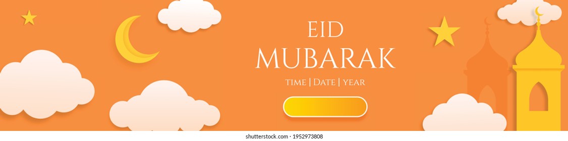 3D Eid Mubarak Horizontal banner or Header Template with  Moon Clouds and Stars