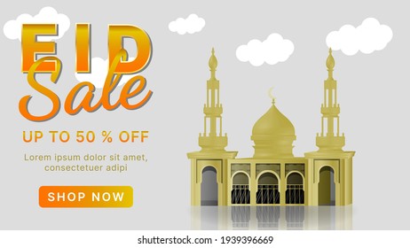 3d Eid sale banner template background with realistic gold building mosque, and clouds. Minimal decorative festive object. Holiday banner, web poster, flyer, stylish brochure, greeting card, cover. 