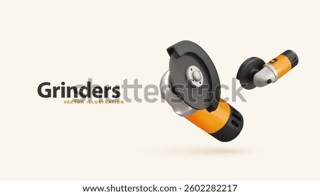 3d Electric Angle Grinder with Orange and Black Body. Isolated Professional Power tools cutting, grinding, and polishing. Essential equipment construction, repair work. Realistic vector illustration.