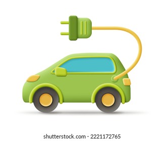 3D electric car with power cable, ecology icon. Render electric car for eco-friendly concept, protect environment, global warming, alternative fuel. 3d vector cartoon minimal illustration.