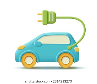 Vehículo eléctrico 3D con cable de alimentación, icono de ecología. Render coches eléctricos para un concepto ecológico, proteger el medio ambiente, el calentamiento global, combustible alternativo. Dibujo vectorial 3d mínima ilustración.