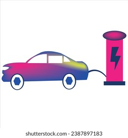 3d coche eléctrico con cable de alimentación, icono de ecología. coche eléctrico cerca de la estación de carga. gasolinera de combustibles fósiles. señal de carga de coche eléctrico. 3.ª imagen vectorial de vehículo eléctrico