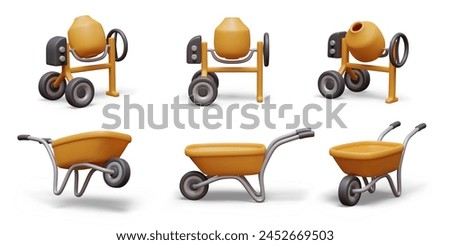 3D electric concrete mixer, empty wheelbarrow. Set of color construction equipment