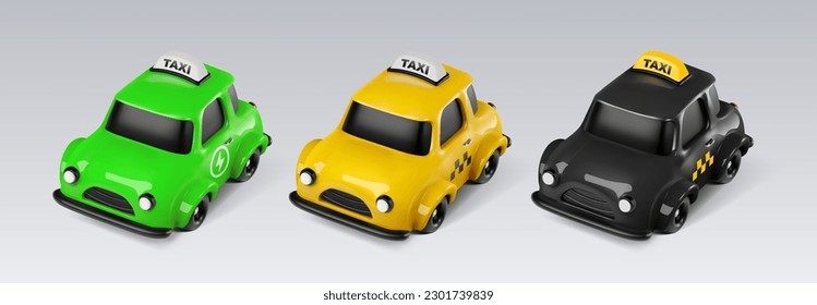 3d ecológico eléctrico verde, taxi amarillo clásico, vagones de taxi negro londinenses. Elementos de diseño vectorial de coches de juguete lacado aislados. Colección de vehículos urbanos