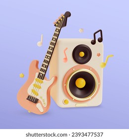 3d Electric Guitar, Sound Speaker and Music Notes Symbols Around Floating Objects Cartoon Style. Vector illustration