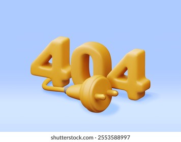 3D electric plug with 404 digits isolated. Render electrical outlet plug unplugged symbol. 404 error concept. Disconnection or connect loss, page not found, under construction. Vector illustration