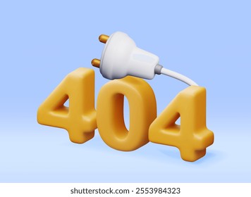 3D electric plug with 404 digits isolated. Render electrical outlet plug unplugged symbol. 404 error concept. Disconnection or connect loss, page not found, under construction. Vector illustration