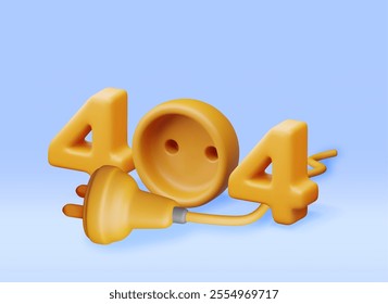 3D electric plug with 404 digits isolated. Render electrical outlet plug unplugged symbol. 404 error concept. Disconnection or connect loss, page not found, under construction. Vector illustration