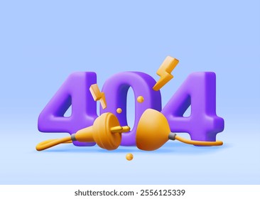 3D electric plug with 404 digits isolated. Render electrical outlet plug unplugged symbol. 404 error concept. Disconnection or connect loss, page not found, under construction. Vector illustration