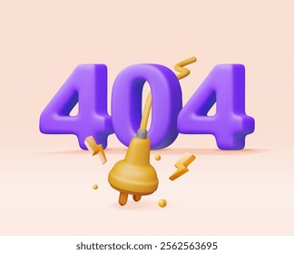 3D electric plug with 404 digits isolated. Render electrical outlet plug unplugged symbol. 404 error concept. Disconnection or connect loss, page not found, under construction. Vector illustration