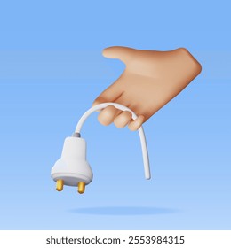 3D electric plug in hand isolated. Render electrical outlet plug unplugged symbol. 404 error concept. . Disconnection or connect loss, page not found, under construction. Vector illustration