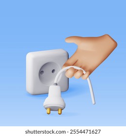 3D electric plug in hand and socket isolated. Render electrical outlet plug unplugged symbol. 404 error concept. . Disconnection or connect loss page not found, under construction. Vector illustration