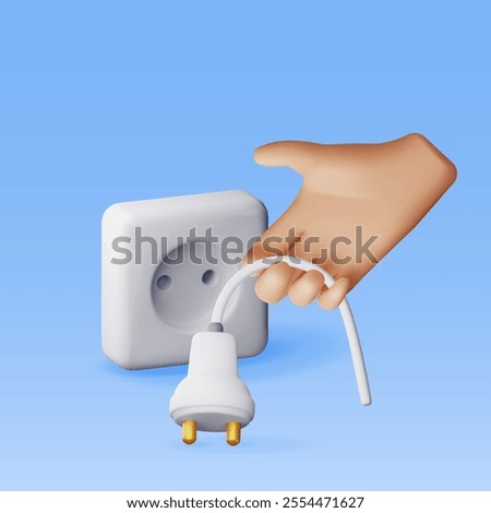 3D electric plug in hand and socket isolated. Render electrical outlet plug unplugged symbol. 404 error concept. . Disconnection or connect loss page not found, under construction. Vector illustration