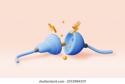 3D electric plug and socket isolated. Render electrical outlet plug unplugged symbol. 404 error concept. Disconnection or connect loss, page not found, under construction. Vector illustration