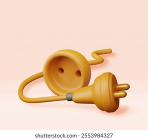 3D electric plug and socket isolated. Render electrical outlet plug unplugged symbol. 404 error concept. Disconnection or connect loss, page not found, under construction. Vector illustration