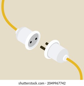 3D Electric Plug and Socket unplug outline design vector isometric with flat color. 404 error background web banner, Electric wire shock, disconnection, loss of connect.