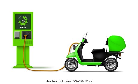 3D Electric Scooter And Charging Station Isolated On White Background. EPS10 Vector