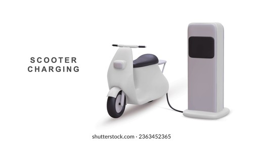 3d Electric scooter on charging station. Home charger station, battery charging. Vector illustration.