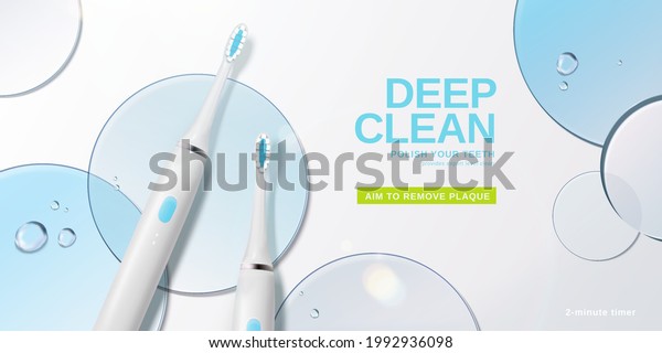 3d electric toothbrush ad template. Top view of\
realistic toothbrushes with blue glass disks and water droplets on\
white table.