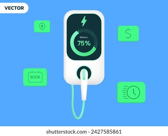 3D Vehículo eléctrico EV cargador wallbox con icono de estado del tablero vector ilustración concepto de diseño. Vector 3D EV wallbox moderno diseño minimalista para coche eléctrico, estación de cargador EV, ui, sitio web.