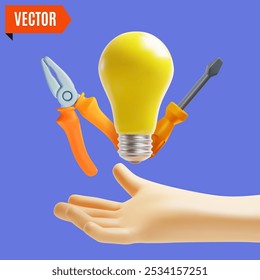 3d Elétrica Fix e reparação conceito mão humana com lâmpada flutuante, Alicates e chave de fenda estilo de design de desenhos animados. Ilustração vetorial