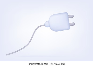 3d electrical plug. White switch, recharge cable, power wire. Connecting or disconnecting equipment, energy use. Standard electric cord, network line, technology. Vector illustration