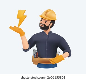3D Electrician Technician Engineerm lineman Avatar Vector Icon. Electrician, Electrician making voltage measuring with Electrician holding voltage measuring equipment. Worker 3D illustration