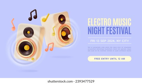 3d Electro Music Night Festival Placard Poster Banner Card Template Cartoon Style. Vector illustration of Invitation Party