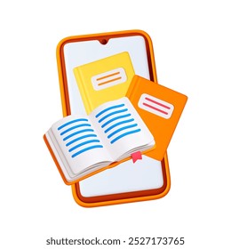 3d Electronic books 3d concept. E-book on smartphone screen. Opened and closed book, library in phone. Online reading, education realistic vector elements