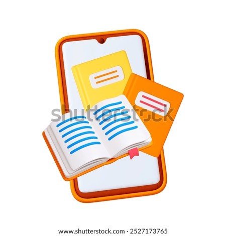 3d Electronic books 3d concept. E-book on smartphone screen. Opened and closed book, library in phone. Online reading, education realistic vector elements