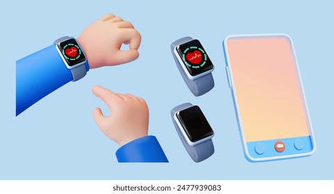 Dispositivos electrónicos 3D con reloj inteligente y maqueta de smartphone aislados sobre fondo azul claro