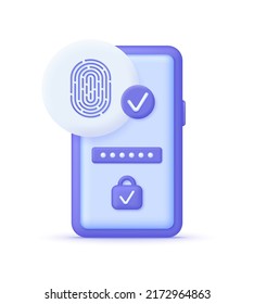 3D Electronic fingerprint on mobile phone screen. Finger Authentication, Fingerprint screening security system, fraud detection. Cell phone password access id verification. Touch id finger print.