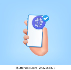 3d Electronic fingerprint on pass scanning mobile phone screen, security check in hand holding icon. finger digital security concept. 3d rendering. Vector illustration