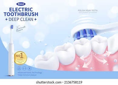 3d electronic tooth brush ad template. A toothbrush is cleaning between teeth with powerful vibration. Concept of good oral health.