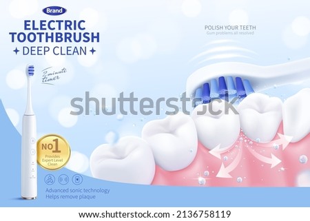 3d electronic tooth brush ad template. A toothbrush is cleaning between teeth with powerful vibration. Concept of good oral health.