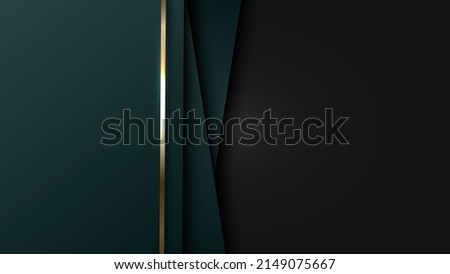 3D elegant abstract background green stripes overlapping layer with shiny golden lines on black background. Luxury style. Vector illustration