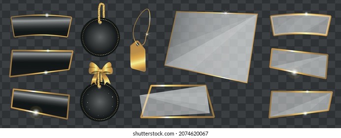 3D Elegant Black and Gold Isolated Banner Designs. Glass Signboards or Bar with Shiny Gold Frame. Modern Realistic Banner Templates for Adding Text or Titles Isolated on Transparent Background.