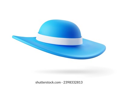 Sombrero 3D elegante de verano azul mujeres con cinta blanca y gran brillo. Elemento de diseño de caricatura para publicidad de viajes y turismo. Ilustración vectorial de la representación 3D.