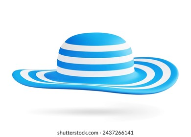 3d elegant blue and white striped summer women hat isolated on white background. Cartoonish design element for fashion and beauty or travel and tourism advertising concept. Vector Illustration.