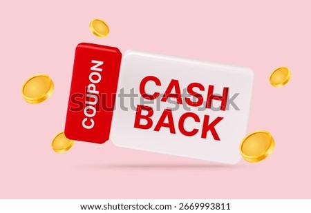 3d elegant cash back voucher gift card with golden coins, coupon code, percent off, isolated on background. 3d coupon for cash back event vector illustration
