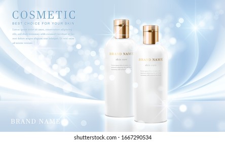 3D elegant cosmetic bottle container with shiny light blue glimmering background template banner.