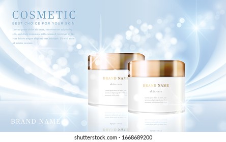 3D eleganter Kosmetikflaschencontainer mit glänzendem hellblauen, glänzenden Hintergrund-Template-Banner.