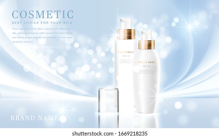 3D eleganter Kosmetikflaschencontainer mit glänzendem hellblauen, glänzenden Hintergrund-Template-Banner.