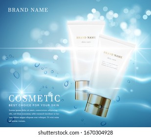 3D elegant cosmetic bottle container with shiny water glimmering background template banner.
