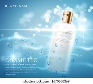 Frasco de botella cosmético elegante en 3D con banner de fondo brillante de agua.