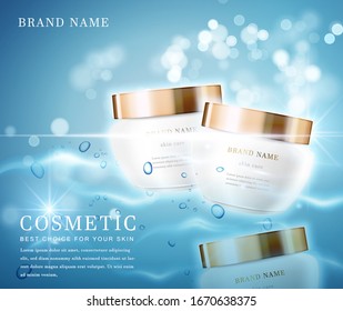 3D elegant cosmetic bottle container with shiny water glimmering background template banner.