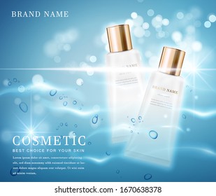 3D elegant cosmetic bottle container with shiny water glimmering background template banner.