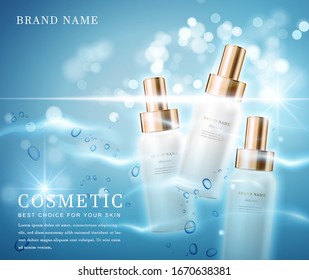 3D eleganter Kosmetikflaschencontainer mit glänzendem Wasser glitzerndem Hintergrund Vorlage Banner.