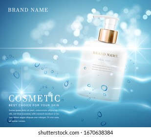 3D elegant cosmetic bottle container with shiny water glimmering background template banner.