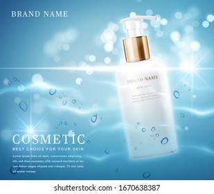 Frasco de botella cosmético elegante en 3D con banner de fondo brillante de agua.